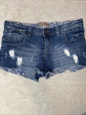Wallflower Distressed Dark Blue Denim Shorts with Bandana Trim